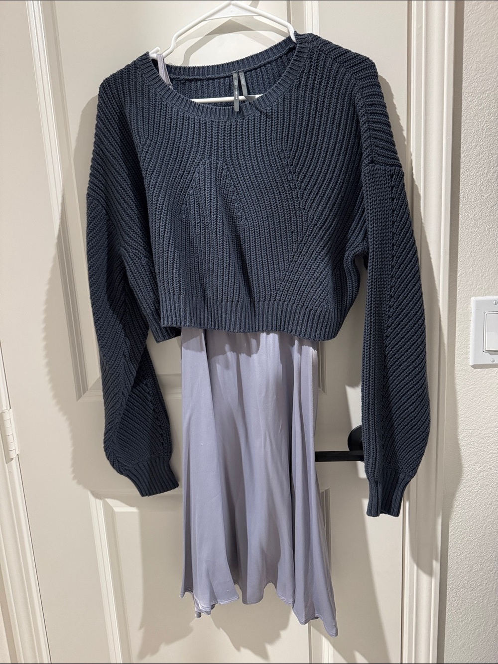 Anthropologie Navy Knit Cropped Sweater with Lavender Slip Dress